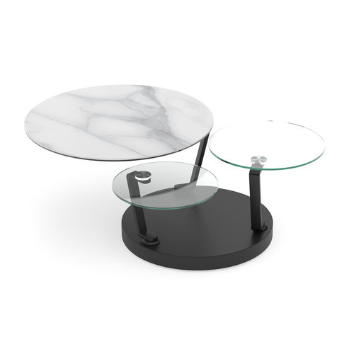 Tavolino basso contemporaneo - BOUSSOLE - AKANTE - in vetro temprato / in ceramica / con supporto in acciaio laccato