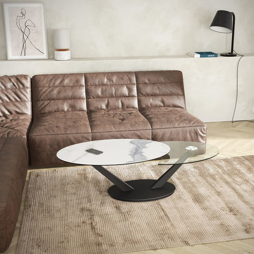 Tavolino basso contemporaneo - ALICANTE - AKANTE - in vetro / in ceramica / con supporto in acciaio laccato