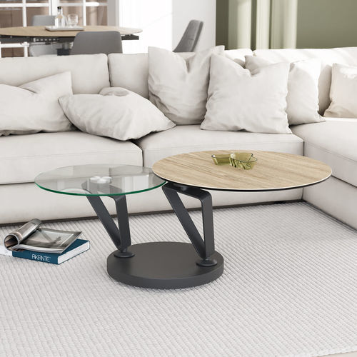 Tavolino basso contemporaneo - POLARIS - AKANTE - in vetro temprato / in ceramica / con supporto in acciaio laccato