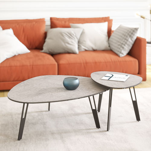 Tavolino basso contemporaneo - GALET - AKANTE - in ceramica / con supporto in acciaio laccato / ovale