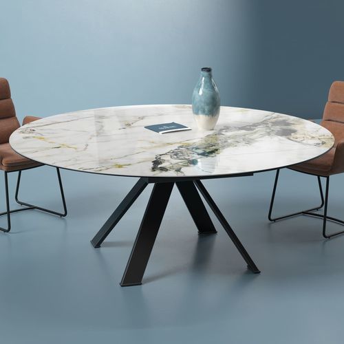 Tavolo da pranzo contemporaneo - AUSTIN - AKANTE - in ceramica / con supporto in acciaio laccato / rotondo