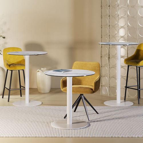Tavolo alto contemporaneo - ORLANDO - AKANTE - in ceramica / con supporto in acciaio laccato / rotondo