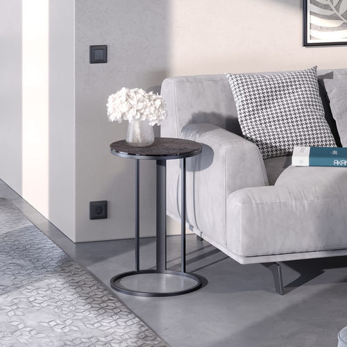 Tavolo d'appoggio contemporaneo - CELENO - AKANTE - in ceramica / con supporto in acciaio laccato / rotondo