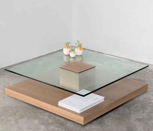Tavolino basso contemporaneo - TOTEM - MASIS - in vetro / con supporto in legno / rettangolare