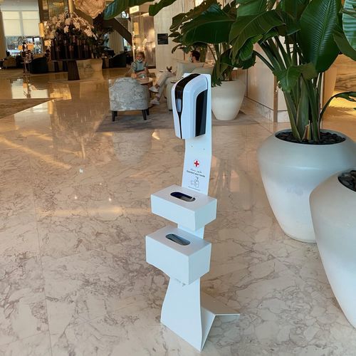 Distributore di gel igienizzante personalizzabile - STAND  UP - THE ITALIAN LAB SRL - a pavimento / con distributore di guanti / con cestino