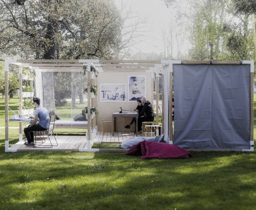 Isola di privacy per ufficio modulare - Y - egoé - in larice / in acciaio galvanizzato / in acciaio termolaccato