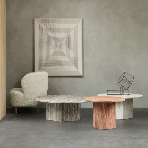 Tavolino basso contemporaneo - GUBI - EPIC - Paustian - in travertino / con supporto in travertino / rotondo