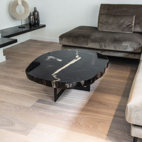 Tavolino basso contemporaneo - Unik - in legno fossilizzato / con supporto in metallo / per uso residenziale