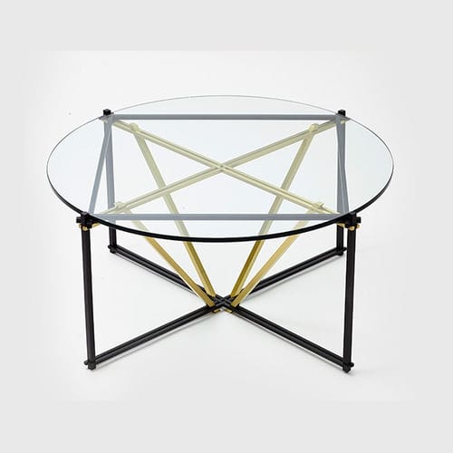 Tavolino basso contemporaneo - TENSEGRITY - Gabriel Scott - in vetro temprato / in acciaio / rotondo