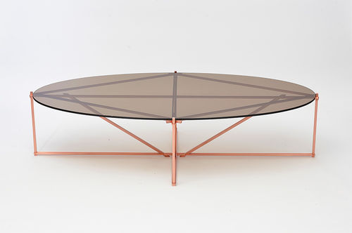 Tavolino basso contemporaneo - TENSEGRITY - Gabriel Scott - in vetro temprato / in acciaio / ovale