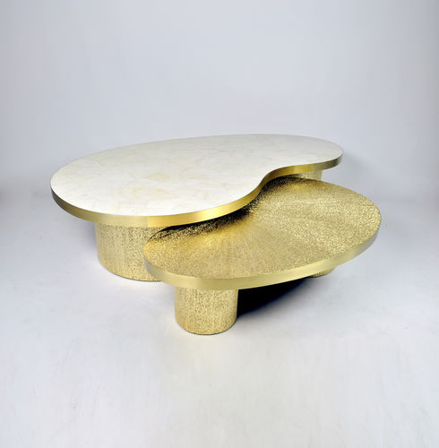 Tavolino basso contemporaneo - TB MENSA - GINGER BROWN - in cristallo / in ottone spazzolato / con supporto in cristallo