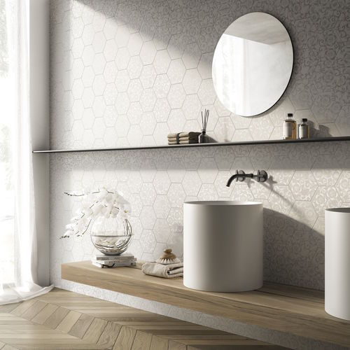 Piastrella esagonale in ceramica - EXA16 W300 BIANCO FLORA SILVER - AcquarioDue - lucida / a rilievo / da interno