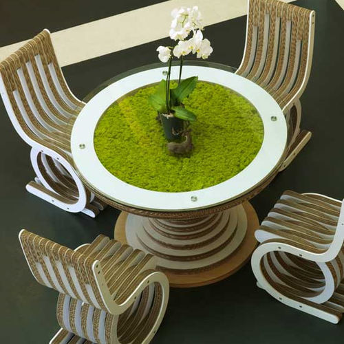 Tavolo design originale - CLESSIDRA - LICHENS - Lessmore - in vetro / con supporto in legno / con base in cartone