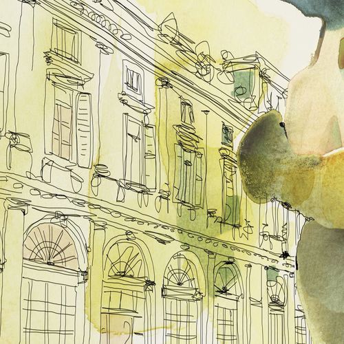 Carta da parati contemporanea - WATERCOLOR AND PALAZZO SERBELLONI, WOMAN IN STYLE - Wallpepper - con motivo a croquis / con motivo stampato