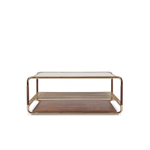 Tavolino basso design originale - LAUTNER  - Essential Home - in ottone lucidato / in legno con vernice di protezione / in vetro fumè