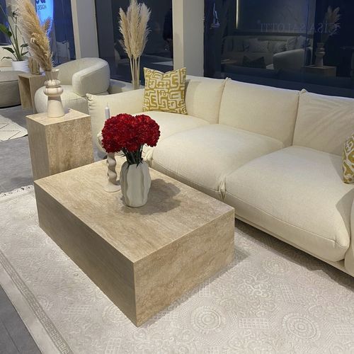Tavolino basso design - 55 - Efesus Stone - in travertino / con supporto in travertino / rettangolare