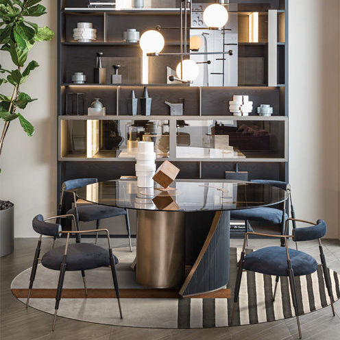 Tavolo contemporaneo - HEGE - Shake Design - in vetro / con supporto in bronzo / rotondo