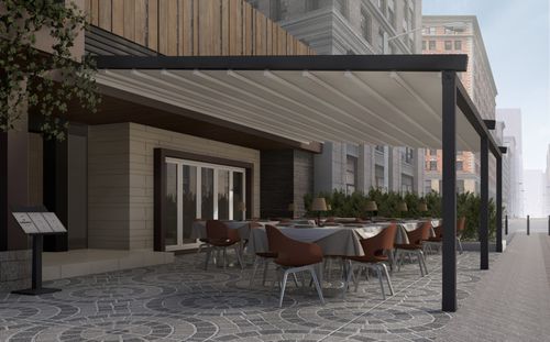 Pergola autoportante - ATIKA - LLAZA WORLD, S.A. - addossata / in alluminio / con copertura scorrevole in tela PVC