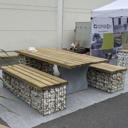 Tavolo da picnic contemporaneo - MAGNUM - ID GABION - L'AGENCE URBAINE - in legno / in pietra / con supporto in acciaio galvanizzato