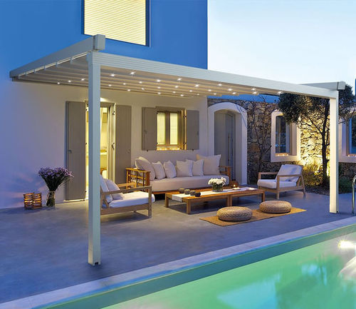 Pergola addossata - Viva - Van Hoof - in alluminio termolaccato / con copertura scorrevole in tela PVC / modulabile