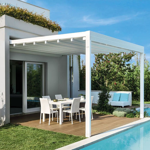 Pergola addossata - Quadra - Van Hoof - in alluminio termolaccato / con copertura scorrevole in tela PVC / modulabile