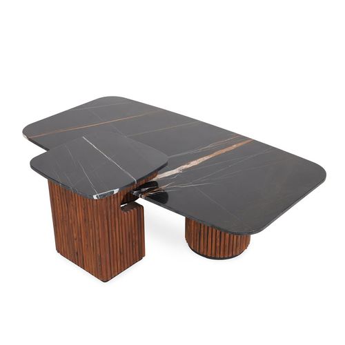 Tavolo moderno - DWIJ - ALANKARAM - in teak / in marmo / con supporto in teak