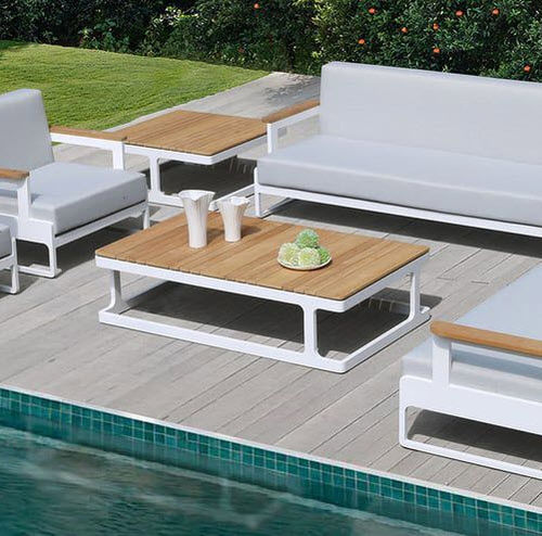 Tavolino basso contemporaneo - CUBE - Pircher - in teak / con supporto in alluminio dipinto / rettangolare