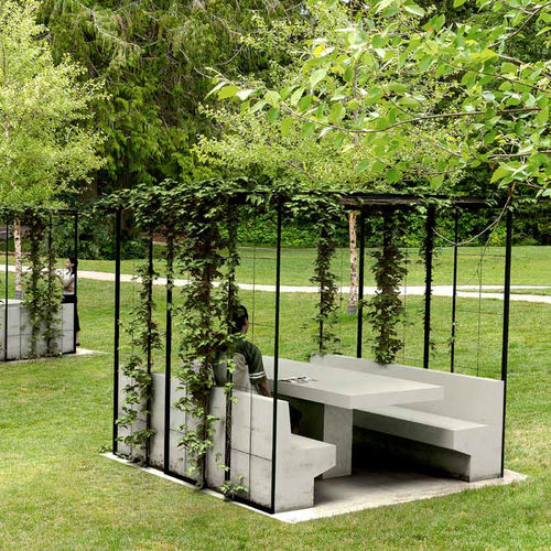 Tavolo da picnic contemporaneo - AIRE - PREFAC MYWAY - in calcestruzzo / rettangolare / con sedie integrate