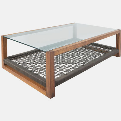 Tavolino basso contemporaneo - CUBE - VOGEL - in vetro / con supporto in iroko / rettangolare