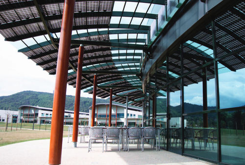 Pensilina con pannelli fotovoltaici integrati - 2ES - per edificio ad uso pubblico / in metallo / in vetro