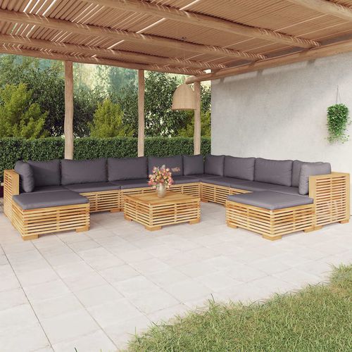 Set lounge da giardino contemporaneo - vidaXL 11-tlg : 3100884 - desayo - in legno massiccio / in teak / in tessuto