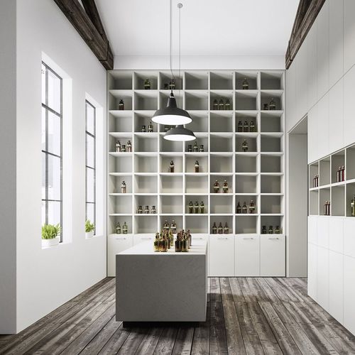 Scaffale pavimento-soffitto - cinquanta3 - contemporaneo / in legno laccato / con contenitore