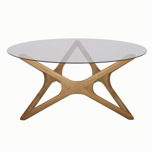 Tavolino basso contemporaneo - DINA - Ezeis - in vetro temprato / con supporto in legno massiccio / rotondo