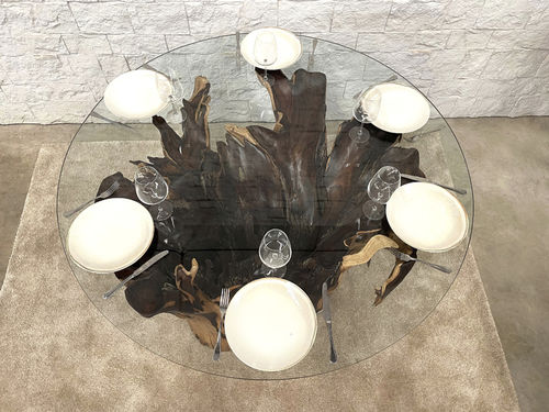 Tavolo da pranzo contemporaneo - TAUMEN81 - ARRELART - in cristallo / con supporto in legno massiccio / rotondo