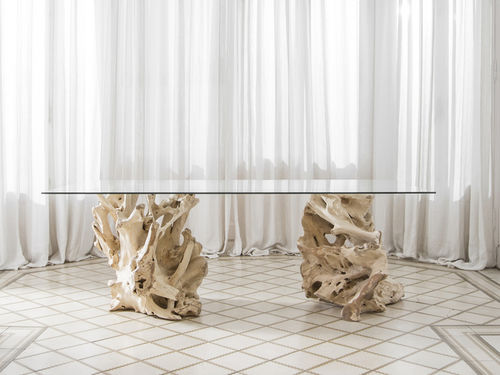 Tavolo da pranzo design organico - NORAH - ARRELART - in vetro / con supporto in teak / rettangolare