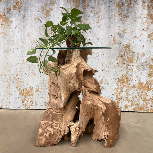 Tavolo d'appoggio design originale - VALENTINA - ARRELART - in vetro / con supporto in teak / rotondo