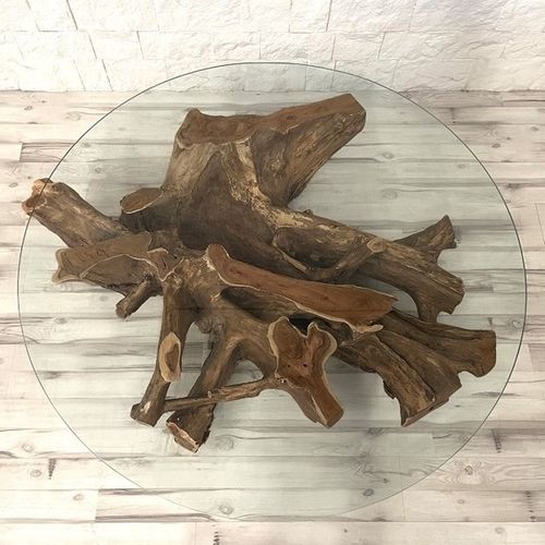 Tavolino basso design originale - CHARLIZE - ARRELART - in vetro / con supporto in teak / rotondo