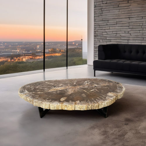 Tavolino basso contemporaneo - MOOREA - ARRELART - in legno fossilizzato / con supporto in metallo / ovale