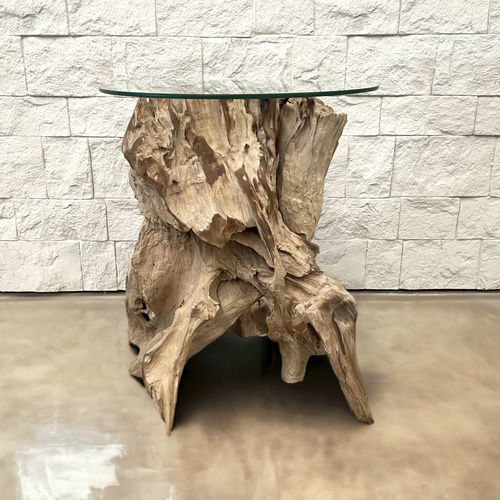 Tavolo d'appoggio contemporaneo - SIDETABLE1 - ARRELART - in vetro / con supporto in teak / rotondo