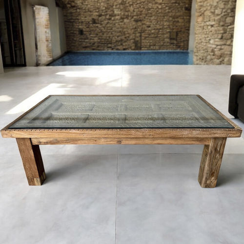 Tavolino basso contemporaneo - BASEL - ARRELART - in vetro / con supporto in teak / rettangolare