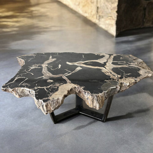 Tavolino basso contemporaneo - SENIA - ARRELART - in legno fossilizzato / con supporto in metallo / per uso residenziale