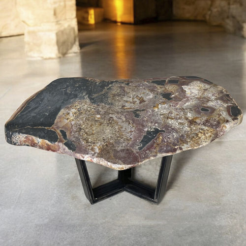 Tavolino basso contemporaneo - ANDRY - ARRELART - in legno fossilizzato / con supporto in metallo / fatto a mano