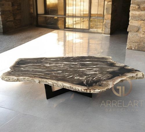 Tavolino basso design originale - PADUA - ARRELART - in legno fossilizzato / con supporto in metallo / su misura