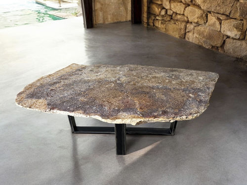 Tavolino basso contemporaneo - QUEEN - ARRELART - in legno fossilizzato / con supporto in acciaio inossidabile / fatto a mano