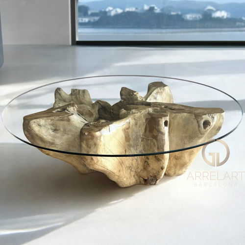 Tavolino basso contemporaneo - INDRA - ARRELART - in vetro / con supporto in teak / rotondo