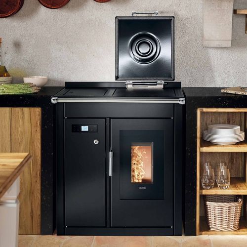 Termostufa con piastra di cottura - SMART 80 BT - Klover - a pellet / 20 kW...50 kW / da appoggio