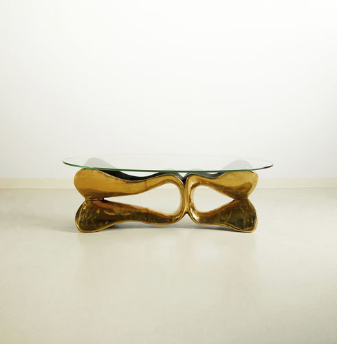 Tavolino basso contemporaneo - BUTTERFLY WINGS - MASAYA - in vetro / con supporto in ottone / ovale