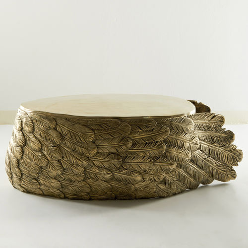 Tavolino basso design originale - FEATHER  - MASAYA - in legno / con supporto in ottone / ovale
