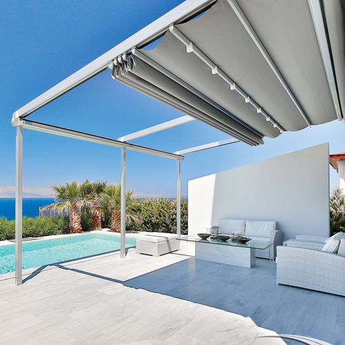 Pergola addossata - SILVER - SARL ELEGANCE STORES - in alluminio / con copertura scorrevole in tela PVC / retrattile