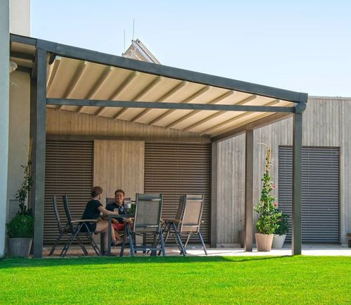 Pergola addossata - PERGOROOF INC - in legno / con copertura in tela / contract